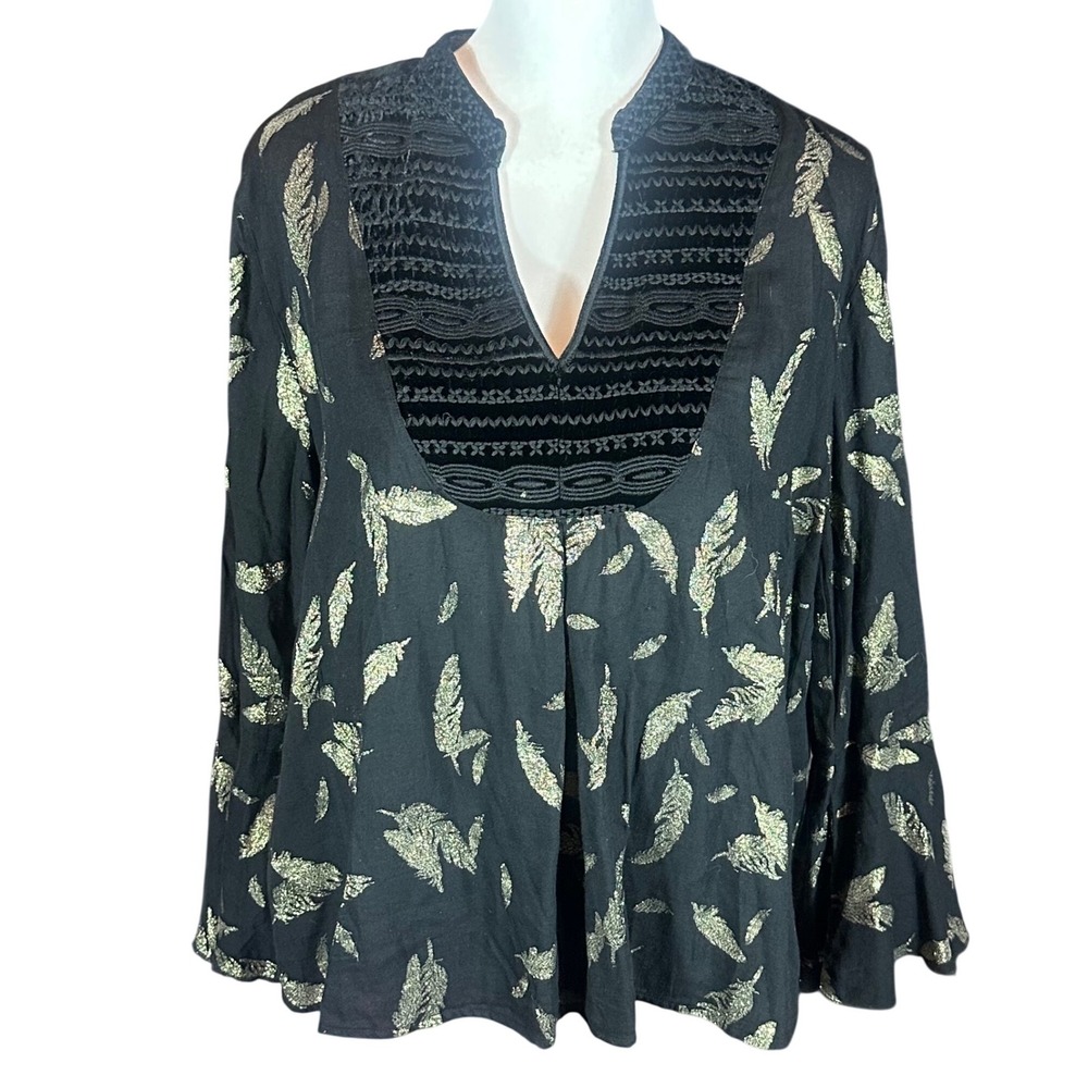 Johnny Was Workshop Blouse Womens Medium Black Gold Metallic Feather Velvet Bib